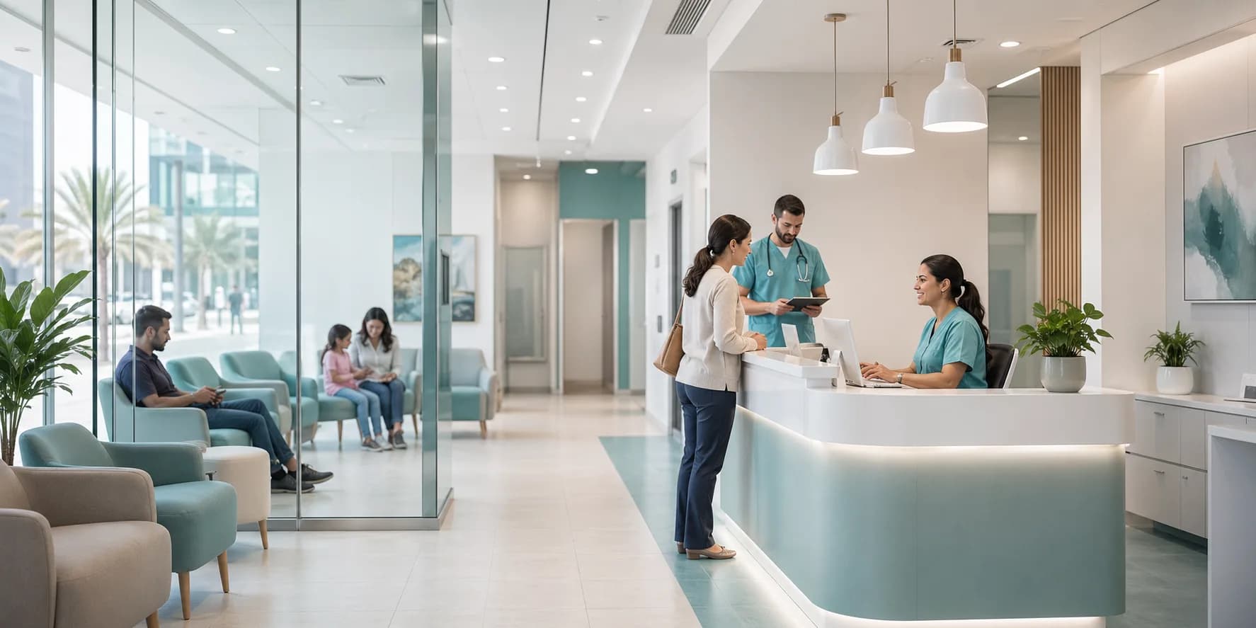 Modern urgent care reception area with medical staff and patients