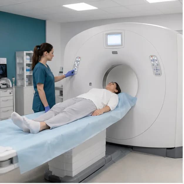 Patient receiving a CT scan in a modern imaging room
