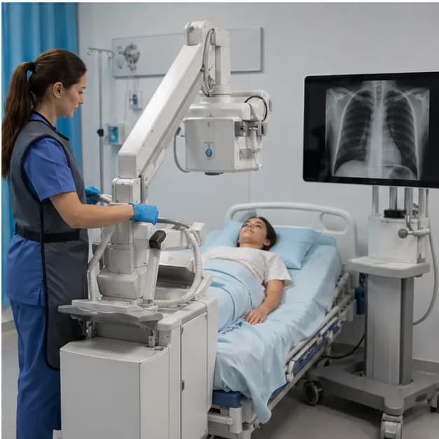 Portable X-ray machine beside a patient bed